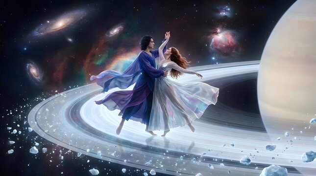 Surreal couple dancing on planetary rings in deep space.