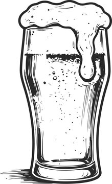 Glass of beer with frothy foam overflowing, detailed black and white hand drawn illustration