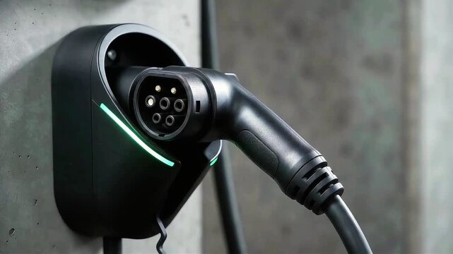 Electric vehicle charging station handle plugged into wall mount unit creating clean energy