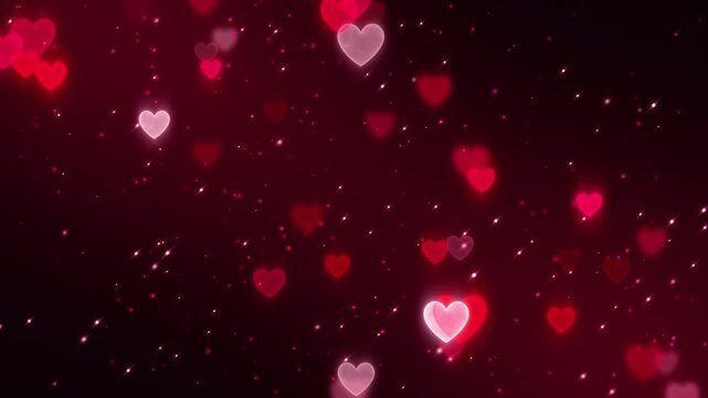 valentines day hearts and shiny glitter dust on dark red background animation, love and passion 14 February and anniversary social media motion background