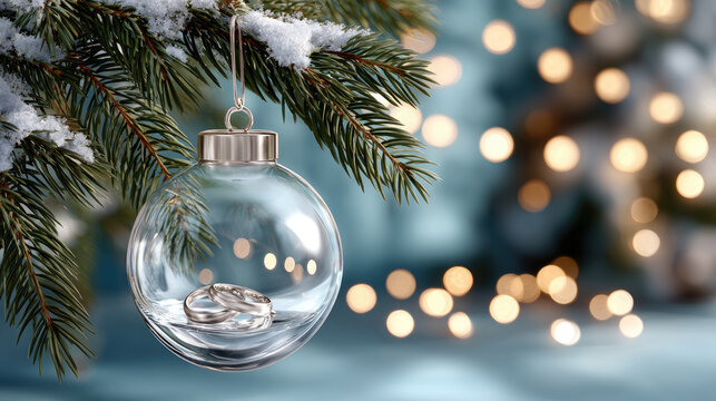 Clear glass bauble hanging on snowy pine branch holds two reflective silver wedding rings, symbolizing holiday romance, commitment and a festive beginning for a couple