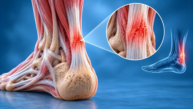 Achilles tendinitis with inflammation and pain in the heel tendon