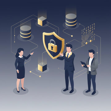 Cybersecurity team in business suits protecting server database with large golden shield and padlock on isometric digital network infrastructure
