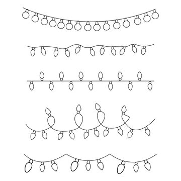 Creative Holiday Lighting Line Art Collection Featuring Various Bulb Shapes and Wavy Wire Arrangements on White Background