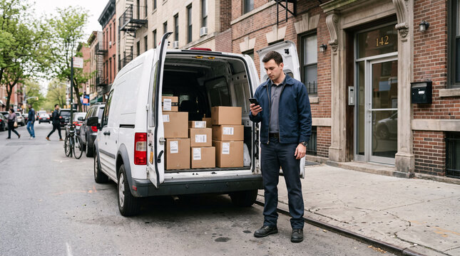 Delivery Worker Loading Packages into Cargo Van