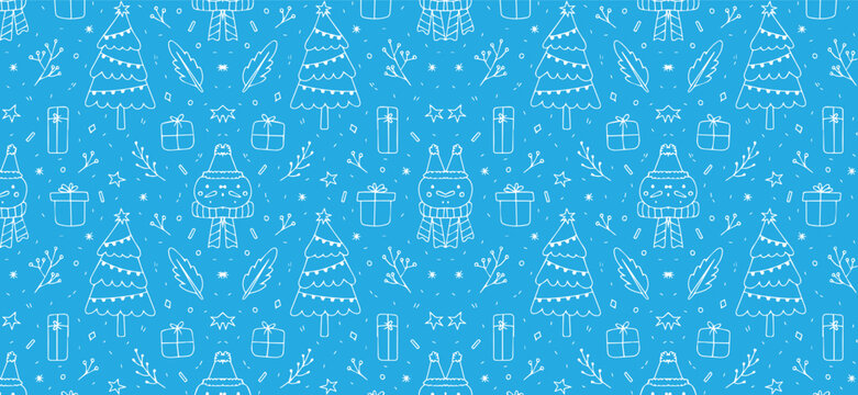 Seamless Vector Pattern of Blue Christmas Holiday Doodles Featuring Festive Trees, Gift Boxes, and Cute Gnome Characters