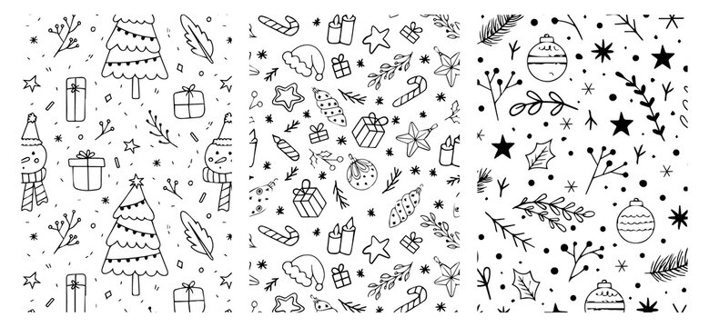 Seamless Vector Pattern of Black and White Christmas Doodles Featuring Holiday Trees, Gift Boxes, and Cute Gnome Characters