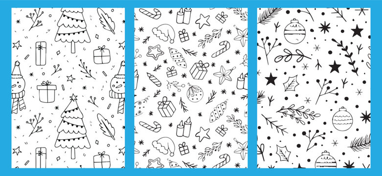 Modern Vector Collection of Three Black and White Christmas Pattern Panels Featuring Holiday Trees, Gnomes, Foliage, and Festive Doodles