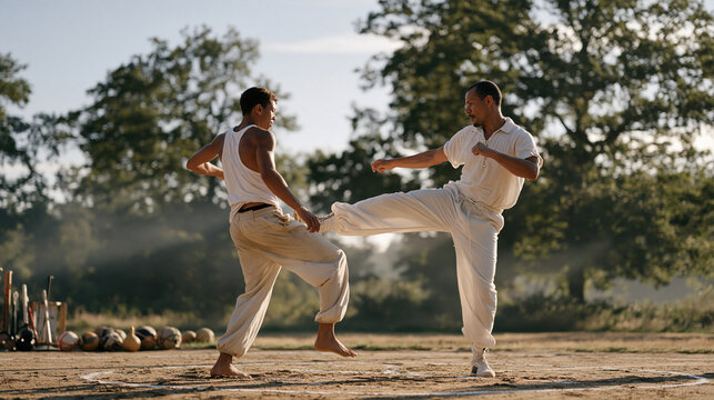 A capoeira instructor demonstrating ginga footwork technique to a student in early morning mist, a set of specialized capoeira training tools and a roda circle marked on the