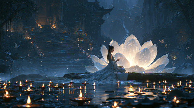 
Person Meditating Inside a Glowing Crystal Lotus Flower Surrounded by Floating Candles on a Misty Pond at Night, Serene Fantasy Illustration