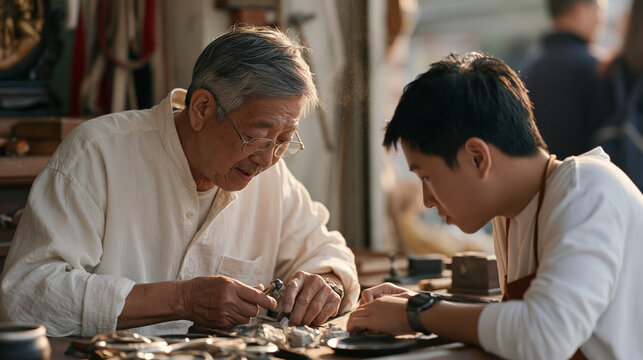 Gem cutter onboarding a first day apprentice in golden afternoon light, fine stone dust drifting like steam in the air above the workbench, intergenerational moment of a seasoned