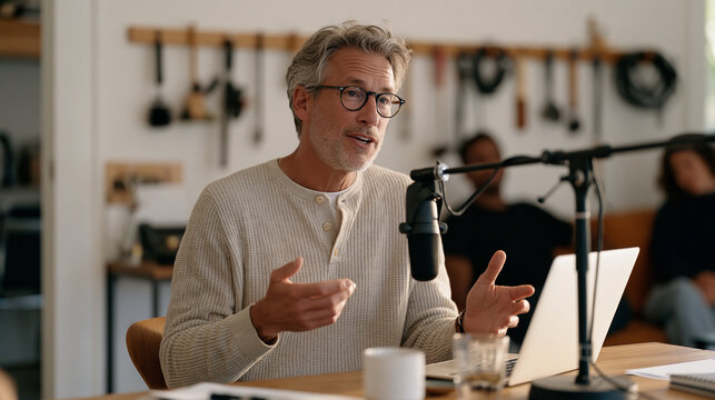 A talk show host warming up broadcast equipment in a modest home studio, a row of production tools hung on the wall behind as a small group gathers for a social connection mental