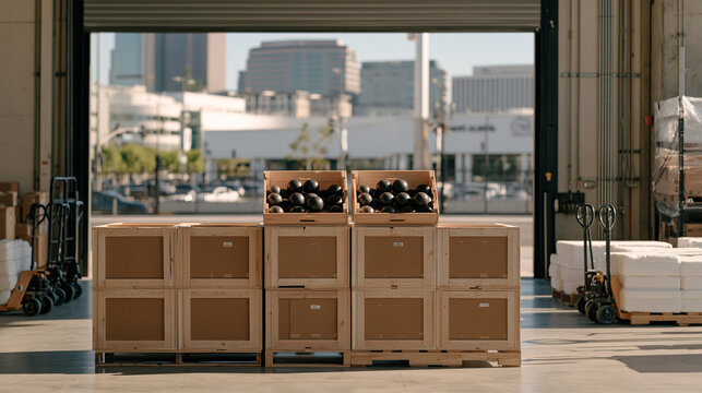 Single object detail of a bocce precision set stacked in theme park operator warehouse crates ready to move, busy urban skyline framed through an open delivery bay, hand trucks