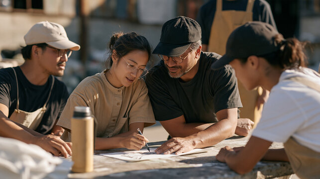 Platform cooperative pottery worker sketching a kiln layout on a napkin in a harsh sun industrial warehouse courtyard, a thermos of tea beside the rough table, a family unit of co