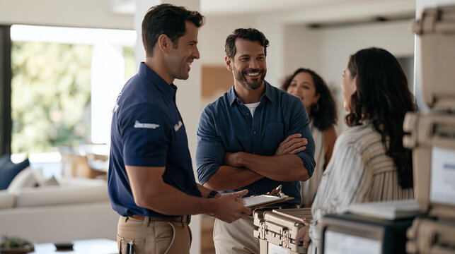 a radon mitigation technician negotiates service terms with a couple in a luxury finished basement, a stack of sealed transport crates ready beside the system unit, multicultural