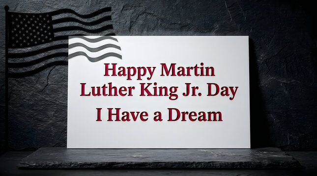 Happy martin luther king jr day sign with a waving american flag in a dark textured background