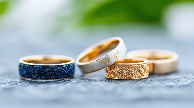 Elegant collection of rings featuring intricate designs in gold and blue tones, showcasing craftsmanship and style