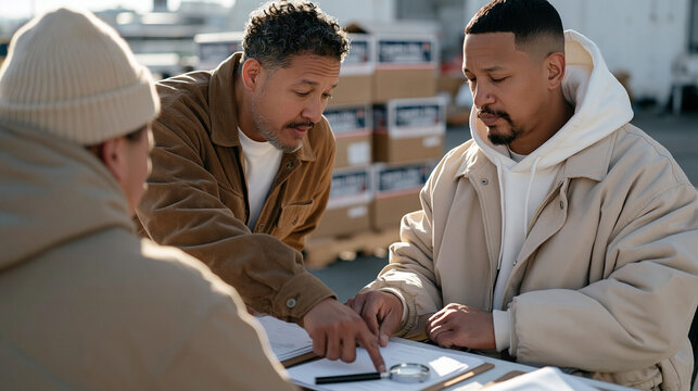 Solitary advocacy fragrance developer teaching a newcomer patiently at an early morning mist warehouse loading dock, a magnifying glass resting on a sample testing table, Capitol