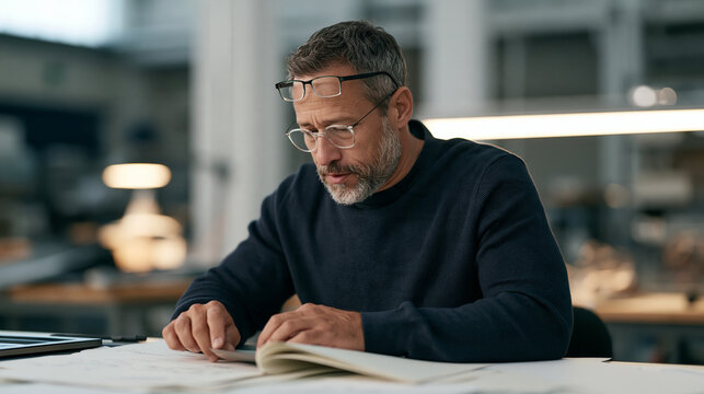 Aerospace engineer comparing a material sample to a reference sheet in a twilight lit warehouse bay, cryptic crossword compilation notes spread across the table, a pair of reading