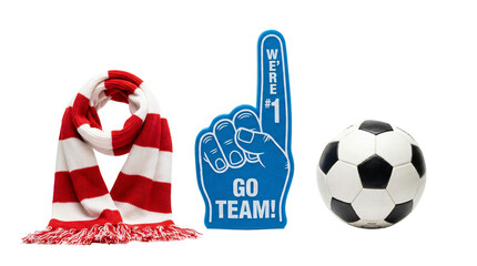 Soccer fan gear collection including striped scarf foam finger and classic ball on transparent background © PNG_4_you