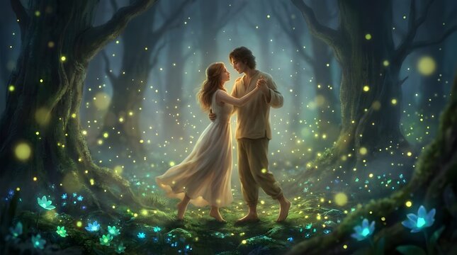Romantic couple dancing in a magical enchanted forest.