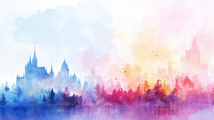 Obraz premium Dreamy watercolor landscape featuring castle silhouette, vibrant colors, and soft clouds creating magical atmosphere