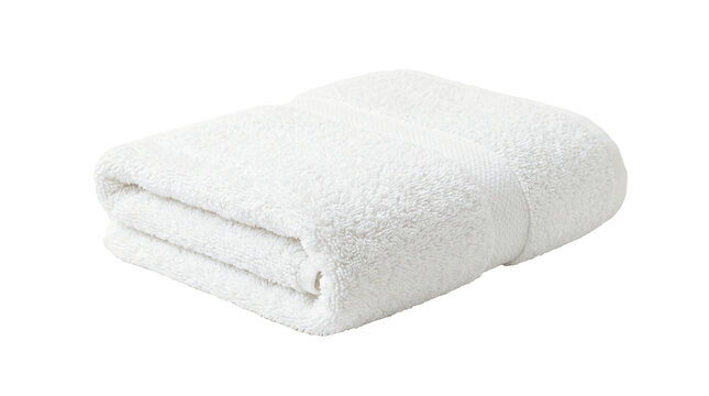 White folded towel made of soft cotton fabric lying flat isolated on transparent background