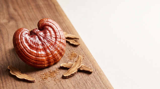 Reishi mushroom on wooden surface with sliced sections nearby  