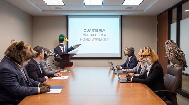 Business Meeting with Animals in Suits in a Conference Room
