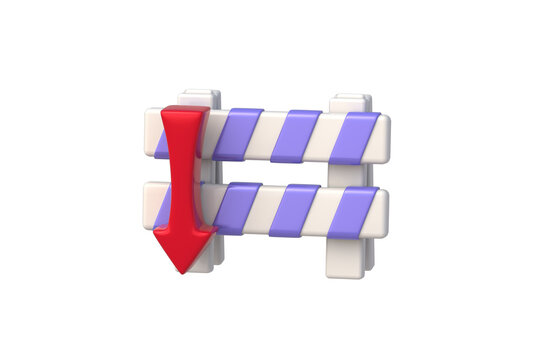 Poor quality of road repairs. Industrial sector output halt. Economic obstacles. Progress blocked. Road barrier beside downward arrow isolated on white background. 3d render