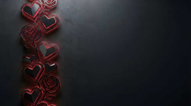 Shiny red hearts and roses pattern arranged in a vertical border on a dark black textured surface