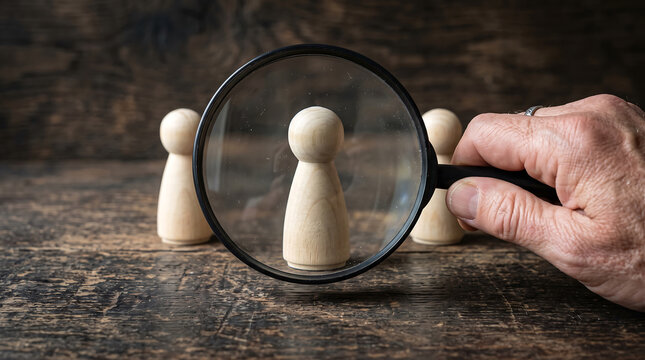 Hand holding magnifying glass examining wooden pawn figure among similar pieces on textured surface