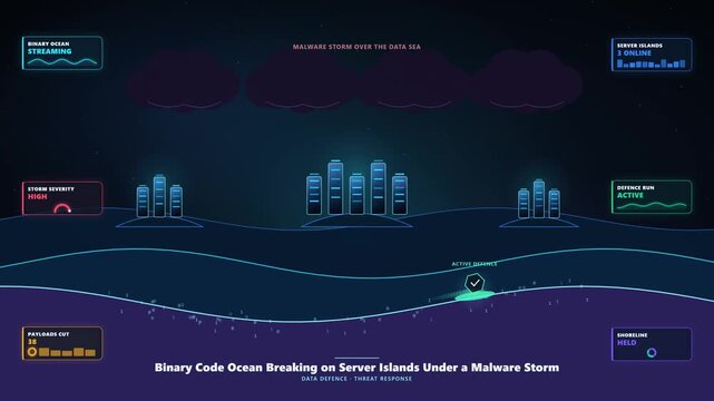 Abstract Data Ocean with Waves and Malware Storm Clouds in Cybersecurity Animation