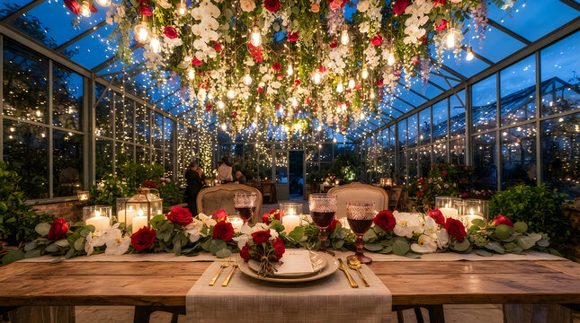 Elegant dining table set for a romantic dinner under hanging flowers and glowing fairy lights