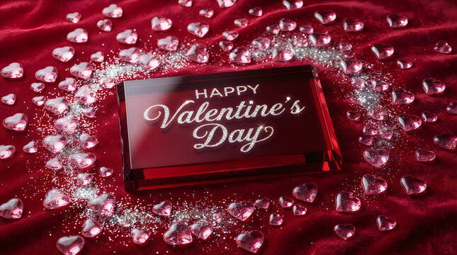 Happy valentines day text on a dark red background with many small shiny crystal heart shapes