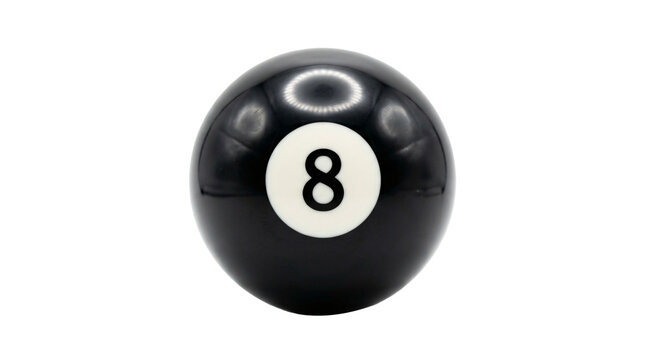 Shiny black eight ball with glossy finish and white circular inlay details on transparent background