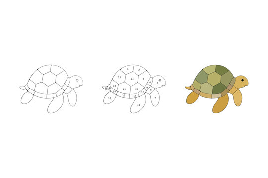 Land turtle tortoise stained glass window pattern outline and color vector illustration set