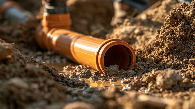 Orange plastic sewage pipe laid in a muddy trench during construction. Ideal for civil engineering and plumbing project backgrounds.