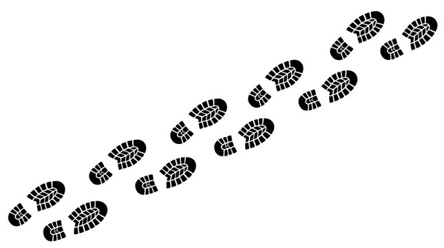 Distinct black silhouette of walking shoe footprints arranged in a diagonal pattern on transparent background