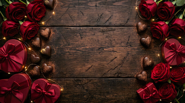 Red roses and heart shaped gift boxes on a dark wooden table with warm glowing fairy lights