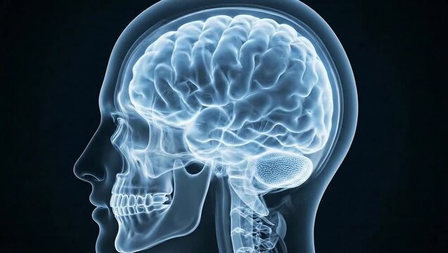Human brain anatomy illustration inside skull silhouette showing neurological function network