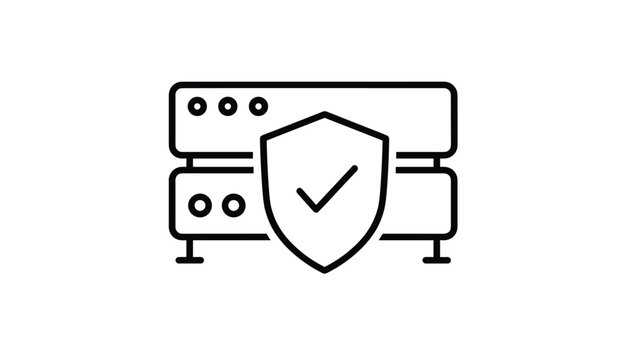 Linear icon representing secure server database storage protected by a shield with a checkmark on white background.