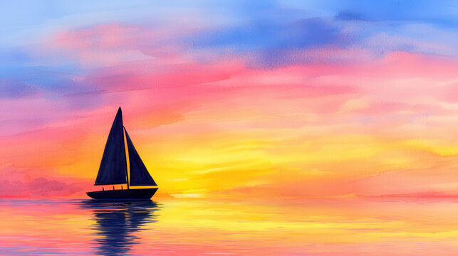 Serene sunset scene featuring sailboat on calm waters, with vibrant hues of pink, orange, and blue blending beautifully in sky
