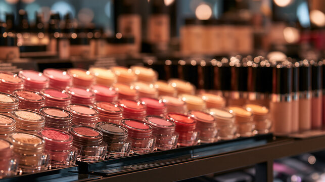 Rows of various colorful cosmetic makeup jars arranged on shelves in a luxury store. Use for beauty industry branding and retail marketing concepts.