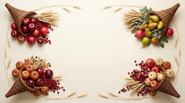 Four decorative cornucopias filled with fresh autumn fruits and wheat stalks arranged as a festive seasonal border background