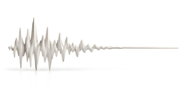 Minimalist 3D sound wave visualization, white metallic audio frequency pulse, abstract sonic vibration sculpture on clean white background