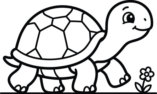 Cartoon tortoise walking across clean white background with minimalist green plant detail.
