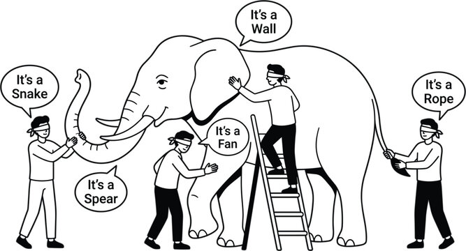 Blind Men and Elephant Parable Vector Illustration with Black Line Art Cartoon Characters Showing Diverse Perspectives and Misconception Metaphor Graphics