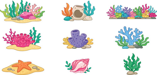 Obraz premium Underwater Coral Reef Element Icon Set with Seaweed, Anemones, Starfish, Seashell, and Ocean Plants for Marine Biology Aquarium and Nature Designs