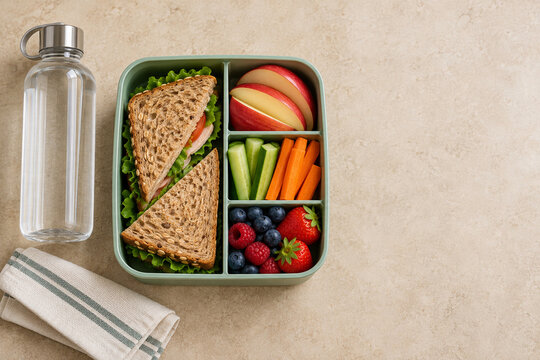 Healthy school lunch prepared in reusable containers